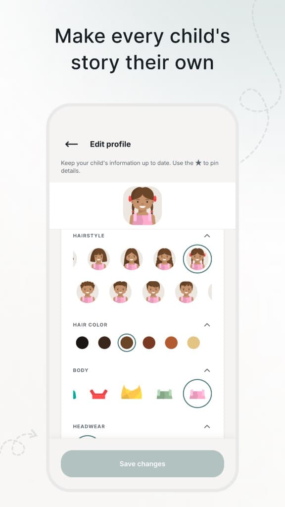 Tinyo child avatar editor with hairstyle, hair color, and clothing options